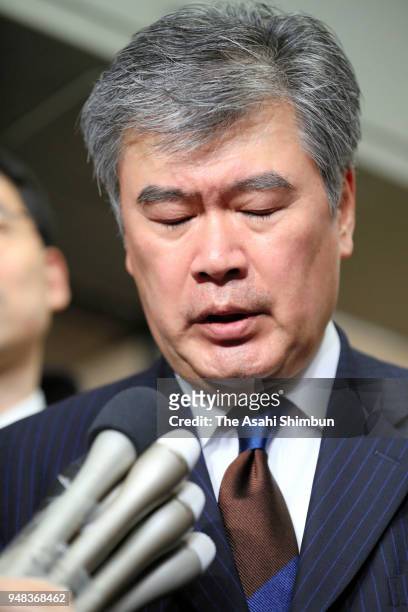 Junichi Fukuda, the top bureaucrat at the Finance Ministry speaks to media reporters after his resignation on April 18, 2018 in Tokyo, Japan. Finance...