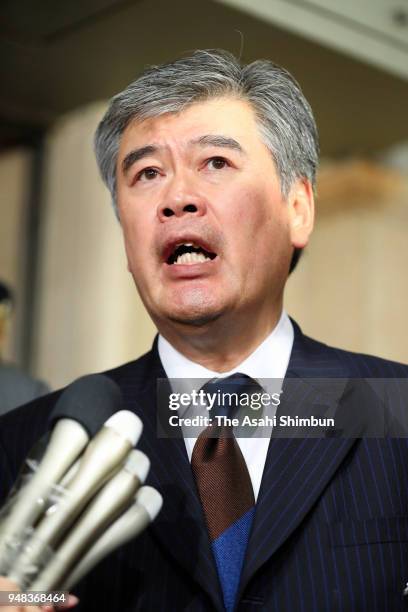 Junichi Fukuda, the top bureaucrat at the Finance Ministry speaks to media reporters after his resignation on April 18, 2018 in Tokyo, Japan. Finance...