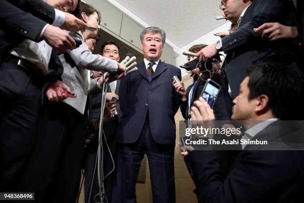 Junichi Fukuda, the top bureaucrat at the Finance Ministry speaks to media reporters after his resignation on April 18, 2018 in Tokyo, Japan. Finance...