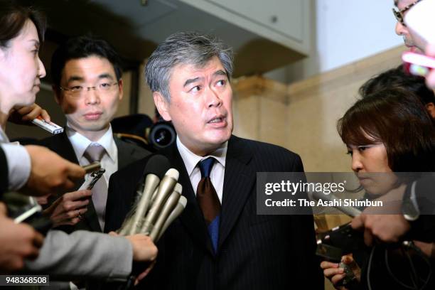 Junichi Fukuda, the top bureaucrat at the Finance Ministry speaks to media reporters after his resignation on April 18, 2018 in Tokyo, Japan. Finance...