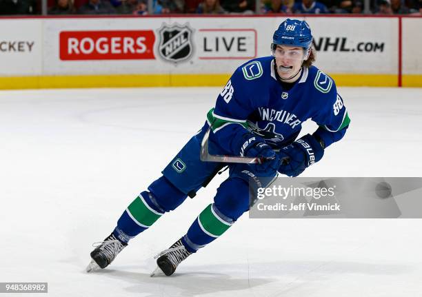 Adam Gaudette of the Vancouver Canucks skates up ice during their NHL game against the Edmonton Oilers at Rogers Arena March 29, 2018 in Vancouver,...