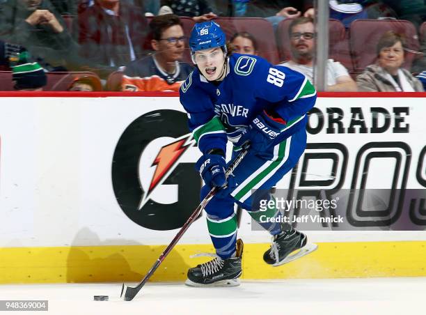 Adam Gaudette of the Vancouver Canucks skates up ice during their NHL game against the Edmonton Oilers at Rogers Arena March 29, 2018 in Vancouver,...