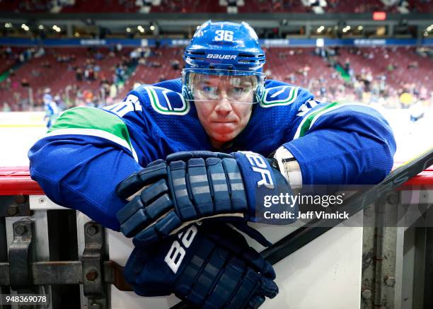 Jussi Jokinen of the Vancouver Canucks stretches before their NHL game against the Edmonton Oilers at Rogers Arena March 29, 2018 in Vancouver,...