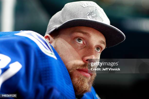 Anders Nilsson of the Vancouver Canucks looks on from the bench during their NHL game against the Edmonton Oilers at Rogers Arena March 29, 2018 in...