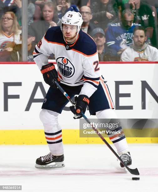 Leon Draisaitl of the Edmonton Oilers skates up ice during their NHL game against the Vancouver Canucks at Rogers Arena March 29, 2018 in Vancouver,...