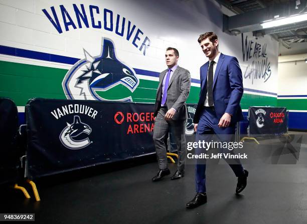 Nic Dowd and Bo Horvat of the Vancouver Canucks arrive at the arena before their NHL game against the Edmonton Oilers at Rogers Arena March 29, 2018...