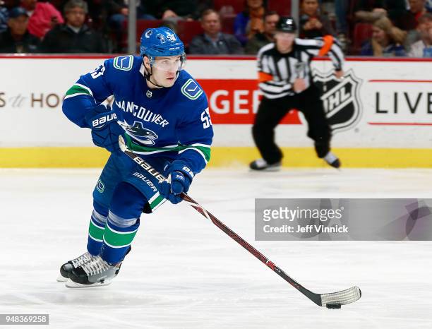 Bo Horvat of the Vancouver Canucks skates up ice with the puck during their NHL game against the Edmonton Oilers at Rogers Arena March 29, 2018 in...