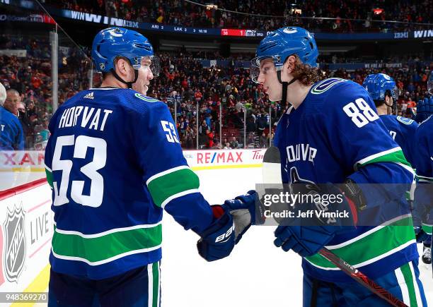 Bo Horvat of the Vancouver Canucks congratulates teammate Adam Gaudette during their NHL game against the Edmonton Oilers at Rogers Arena March 29,...