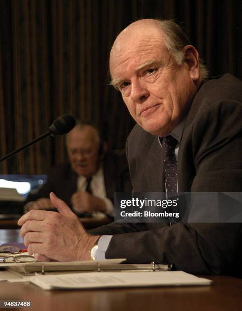 Treasury Secretary John Snow testifies before the Senate Finance Committee on President George W. Bush's budget and Social Security proposals in...