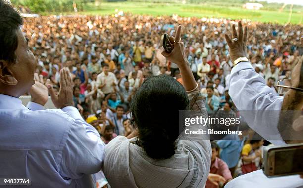 Mamata Banerjee, head of the Trinamool Congress party, center, leads a protest in front of the unfinished Tata Nano plant in Singur, India, on...