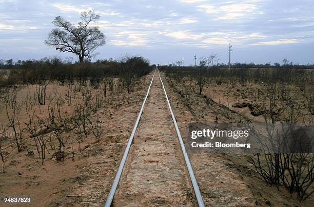 Train tracks run through a scorched farming field in Pampa Infierno, Argentina, on Sept. 5, 2008. Drought, which is affecting vast swathes of...