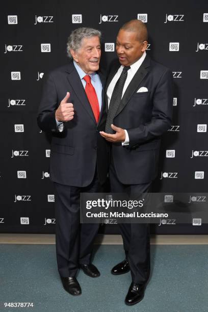 Tony Bennett and Wynton Marsalis pose backstage during Jazz At Lincoln Center's 30th Anniversary Gala at Jazz at Lincoln Center on April 18, 2018 in...