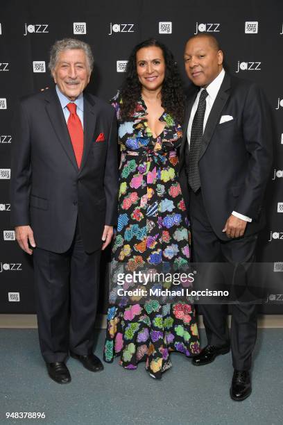 Tony Bennett, Patricia Blanchet, and Wynton Marsalis pose backstage during Jazz At Lincoln Center's 30th Anniversary Gala at Jazz at Lincoln Center...