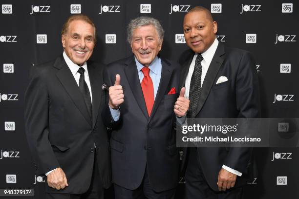 Len Riggio, Tony Bennett, and Wynton Marsalis pose backstage during Jazz At Lincoln Center's 30th Anniversary Gala at Jazz at Lincoln Center on April...