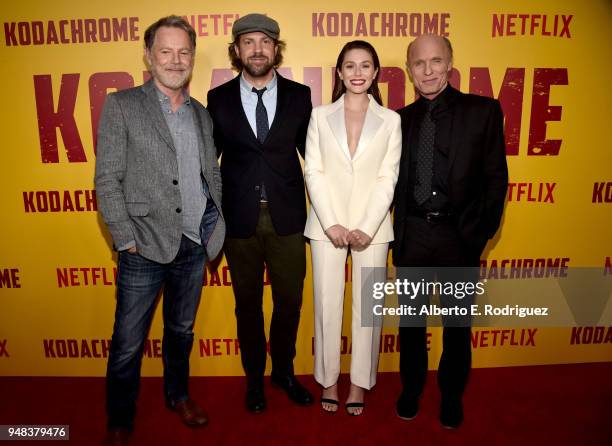 Bruce Greenwood, Jason Sudeikis, Elizabeth Olsen and Ed Harris attend the premiere of Netflix's "Kodachrome" at ArcLight Cinemas on April 18, 2018 in...