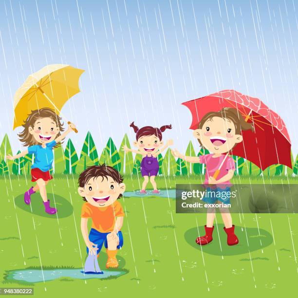 rainy day in spring - puddle stock illustrations