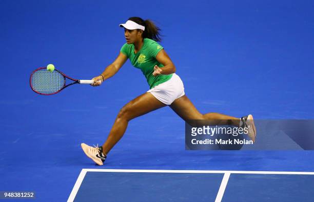 Destanee Aiava of Australia practices during a training session ahead of the World Group Play-Off Fed Cup tie between Australia and the Netherlands...