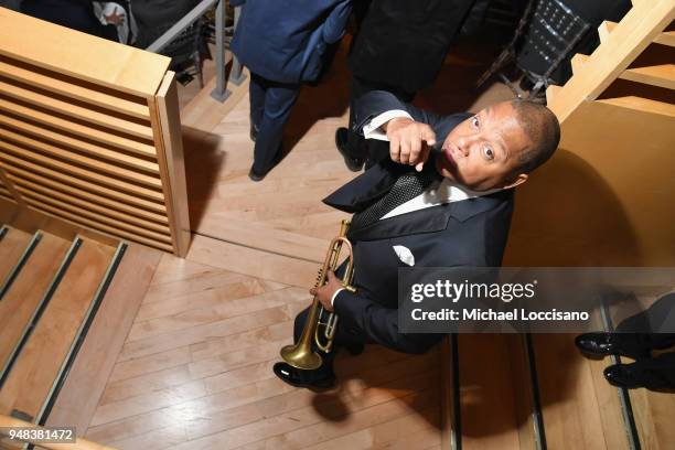 Wynton Marsalis performs in a second line during Jazz At Lincoln Center's 30th Anniversary Gala at Jazz at Lincoln Center on April 18, 2018 in New...