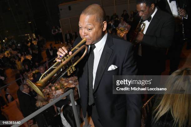 Wynton Marsalis performs in a second line during Jazz At Lincoln Center's 30th Anniversary Gala at Jazz at Lincoln Center on April 18, 2018 in New...