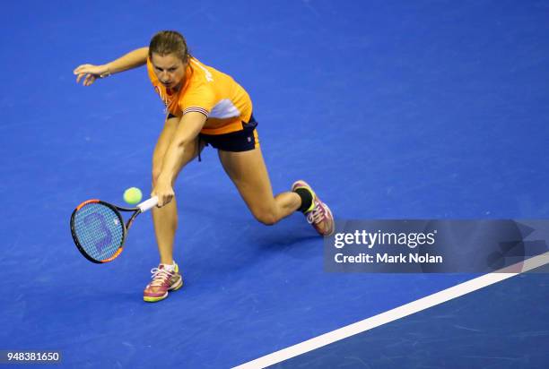 Quirine Lemoine of the Netherlands practices during a training session ahead of the World Group Play-Off Fed Cup tie between Australia and the...