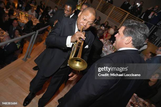 Wynton Marsalis performs in a second line during Jazz At Lincoln Center's 30th Anniversary Gala at Jazz at Lincoln Center on April 18, 2018 in New...