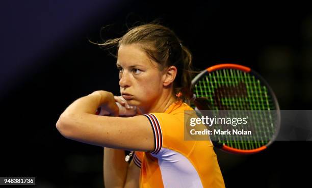 Quirine Lemoine of the Netherlands practices during a training session ahead of the World Group Play-Off Fed Cup tie between Australia and the...