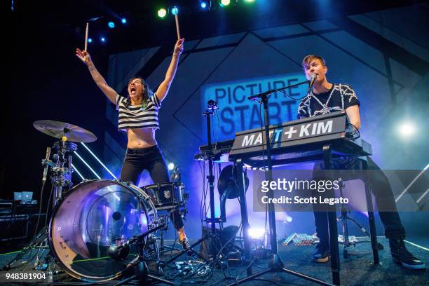 Kim Schifino and Matt Johnson of Matt and Kim perform during the Almost Everyday Tour at Royal Oak Music Theatre on April 18, 2018 in Royal Oak,...