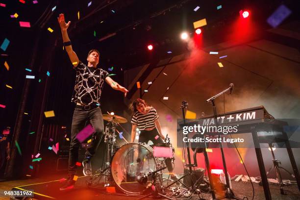 Matt Johnson and Kim Schifino of Matt and Kim perform during the Almost Everyday Tour at Royal Oak Music Theatre on April 18, 2018 in Royal Oak,...