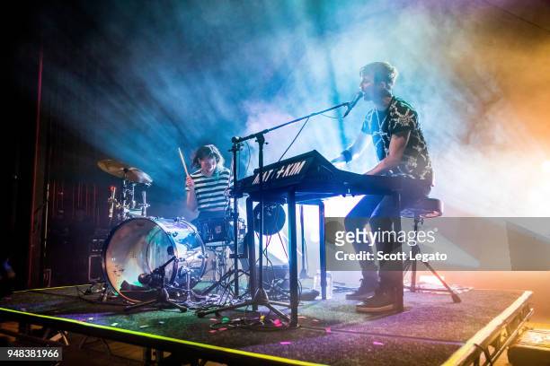 Kim Schifino and Matt Johnson of Matt and Kim perform during the Almost Everyday Tour at Royal Oak Music Theatre on April 18, 2018 in Royal Oak,...