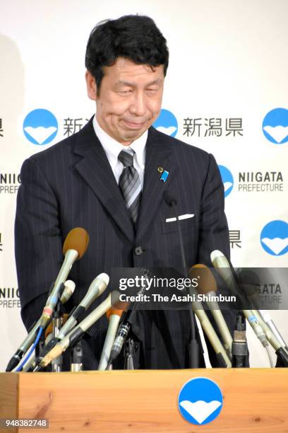 Niigata Prefecture Governor Ryuichi Yoneyama speaks during a press conference on his resignation at the Niigata Prefecture Headquaters on April 18,...