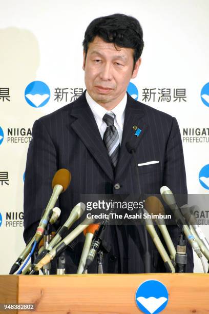 Niigata Prefecture Governor Ryuichi Yoneyama speaks during a press conference on his resignation at the Niigata Prefecture Headquaters on April 18,...
