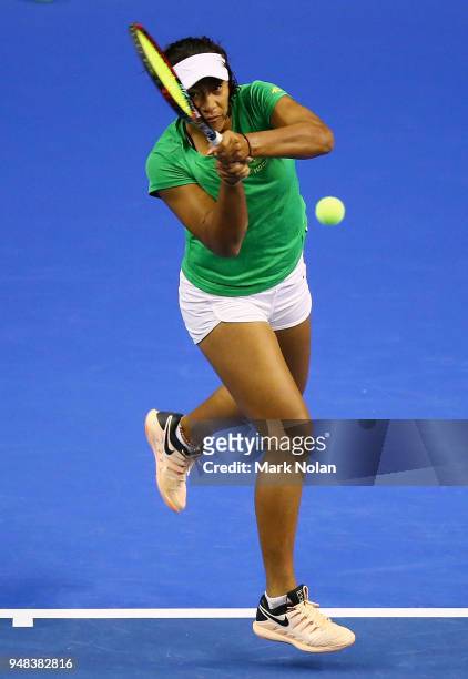 Destanee Aiava of Australia practices during a training session ahead of the World Group Play-Off Fed Cup tie between Australia and the Netherlands...