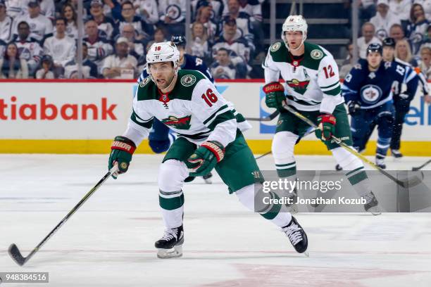 Jason Zucker of the Minnesota Wild follows the play down the ice during first period action against the Winnipeg Jets in Game Two of the Western...