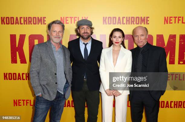 Bruce Greenwood, Jason Sudeikis, Elizabeth Olsen, and Ed Harris attend Los Angeles special screening of Netflix's film 'KODACHROME' on April 18, 2018...