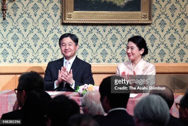 Crown Prince Naruhito and Crown Princess Masako attend the 110th Anniversary ceremony of the Japan Society foundation on April 18, 2018 in Tokyo,...