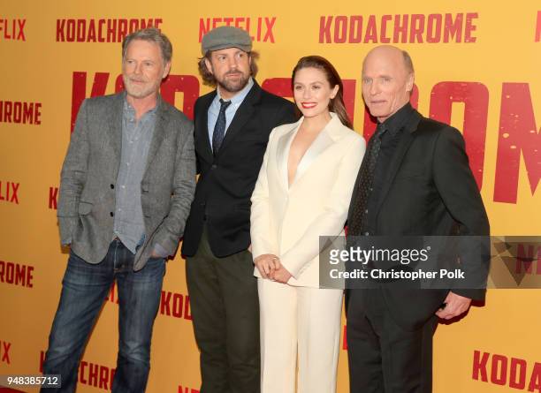 Bruce Greenwood, Jason Sudeikis, Elizabeth Olsen and Ed Harris attend the premiere of Netflix's "Kodachrome" at ArcLight Cinemas on April 18, 2018 in...