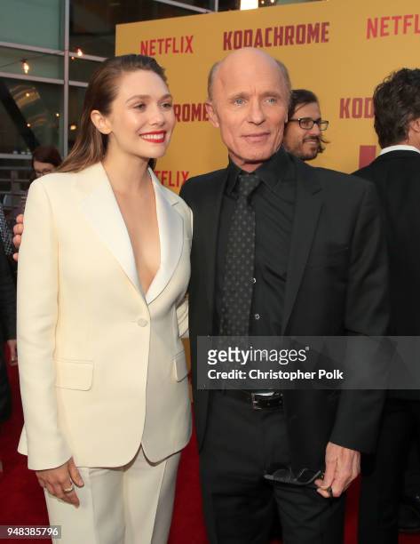 Elizabeth Olsen and Ed Harris attend the premiere of Netflix's "Kodachrome" at ArcLight Cinemas on April 18, 2018 in Hollywood, California.