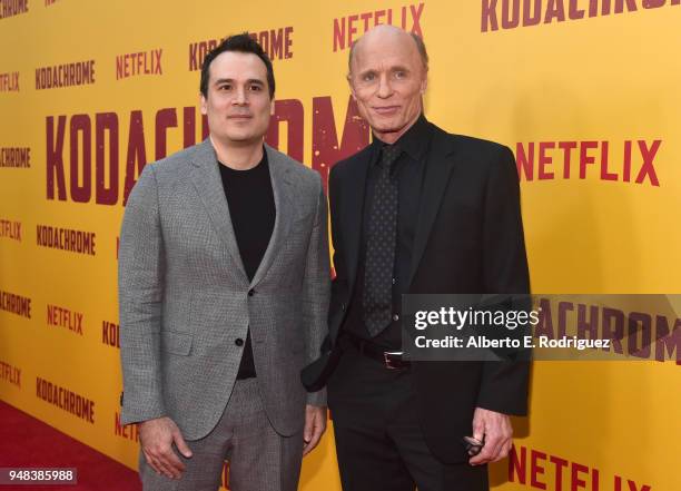 Mark Raso and Ed Harris attend the premiere of Netflix's "Kodachrome" at ArcLight Cinemas on April 18, 2018 in Hollywood, California.