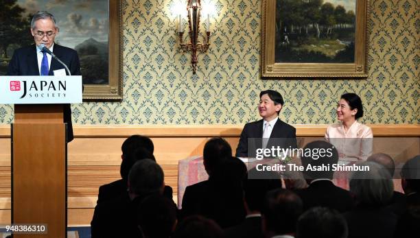 Crown Prince Naruhito and Crown Princess Masako attend the 110th Anniversary ceremony of the Japan Society foundation on April 18, 2018 in Tokyo,...