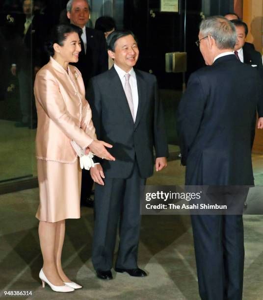 Crown Prince Naruhito and Crown Princess Masako are seen on arrival to attend the 110th Anniversary ceremony of the Japan Society foundation on April...