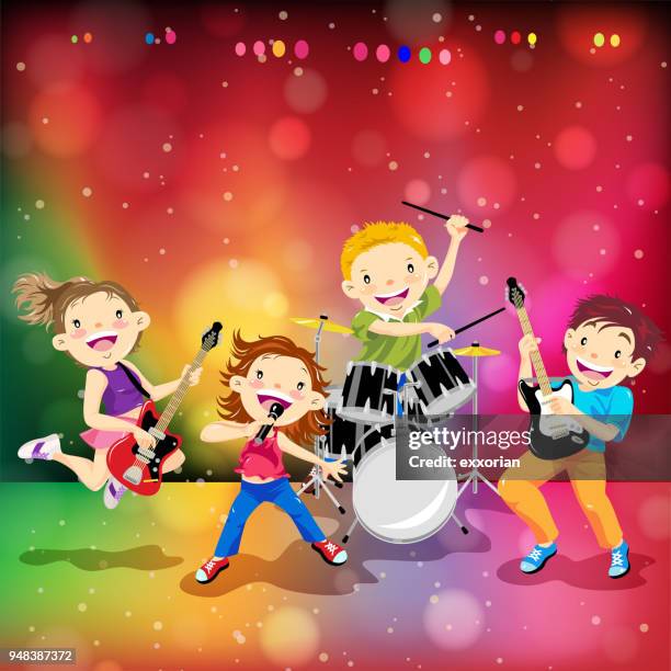 children rock band - female drummer stock illustrations