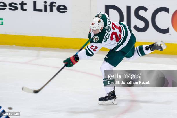 Nino Niederreiter of the Minnesota Wild shoots the puck on goal during second period action against the Winnipeg Jets in Game Two of the Western...