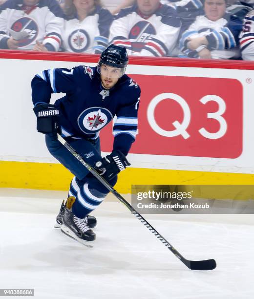 Ben Chiarot of the Winnipeg Jets follows the play up the ice during second period action against the Minnesota Wild in Game Two of the Western...