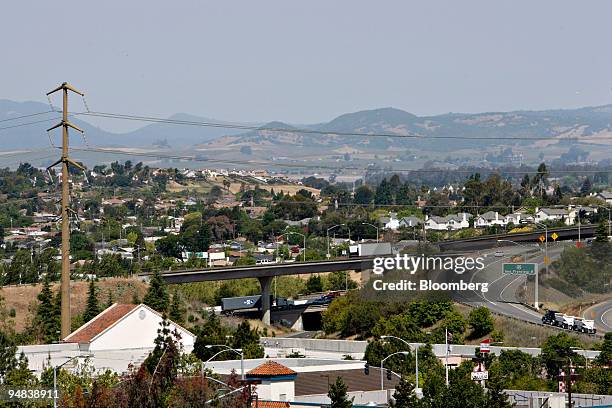 Vehicles travel along Interstate 80 through Vallejo, California, U.S., on Wednesday, May 7, 2008. Vallejo, officials voted to file for bankruptcy...