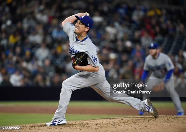 Kenta Maeda of the Los Angeles Dodgers pitches during the second inning of a baseball game against the San Diego Padres at PETCO Park on April 18,...