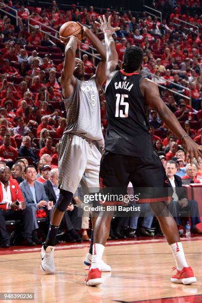 Gorgui Dieng of the Minnesota Timberwolves shoots the ball against the Houston Rockets during Game Two of Round One of the 2018 NBA Playoffs on April...