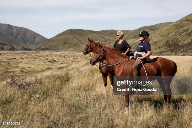 Jan Haslam and Joy Bell take in the scenery on their Arabs while horse riding at Blue Mountain Station on April 3, 2018 in Fairlie, New Zealand. The...