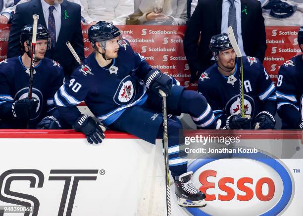 Joel Armia of the Winnipeg Jets changes on the fly during second period action against the Minnesota Wild in Game Two of the Western Conference First...