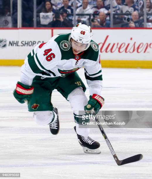 Jared Spurgeon of the Minnesota Wild follows the play down the ice during third period action against the Winnipeg Jets in Game Two of the Western...