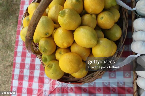 fresh lemons are in a large basket on a red and white checkered tablecloth - oranges in basket at food market stock pictures, royalty-free photos & images